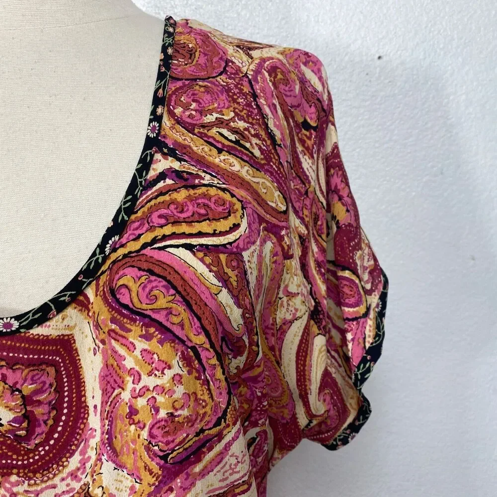 Vintage Zoe Womans Maxi Dress Large  Rayon Crepe Pink Paisley Boho Peasant Y2K